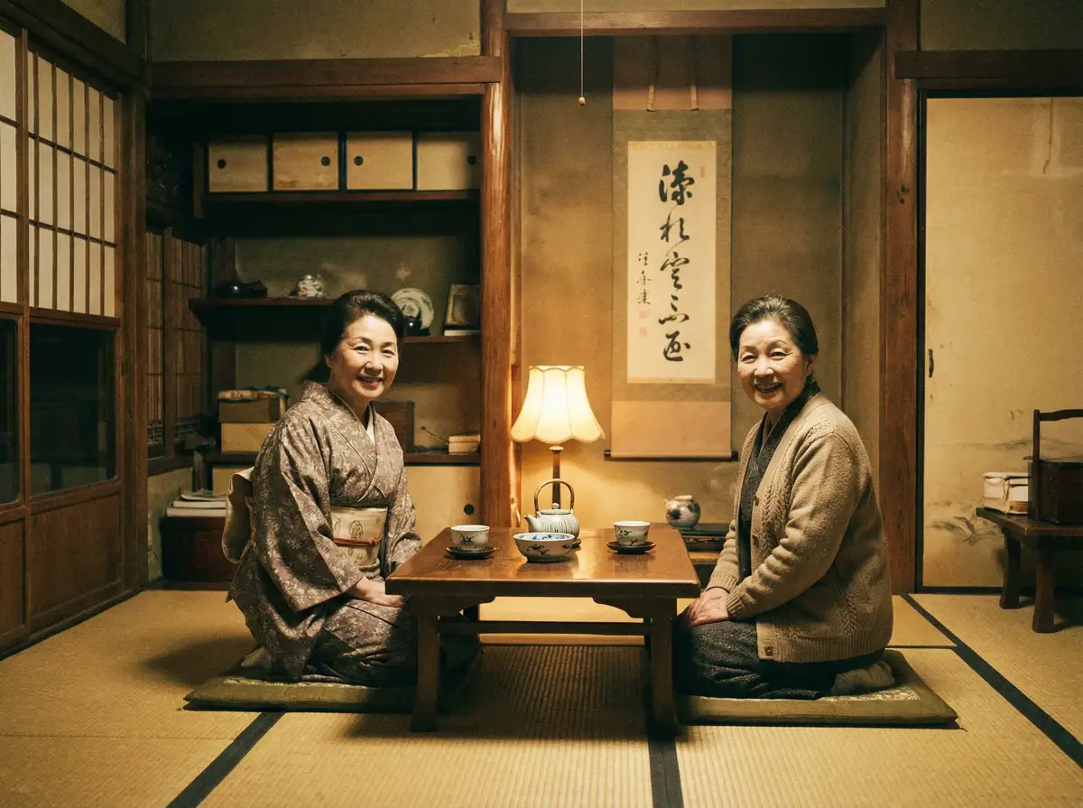 两位优雅的 91 视频 在日式茶室中品茶交谈